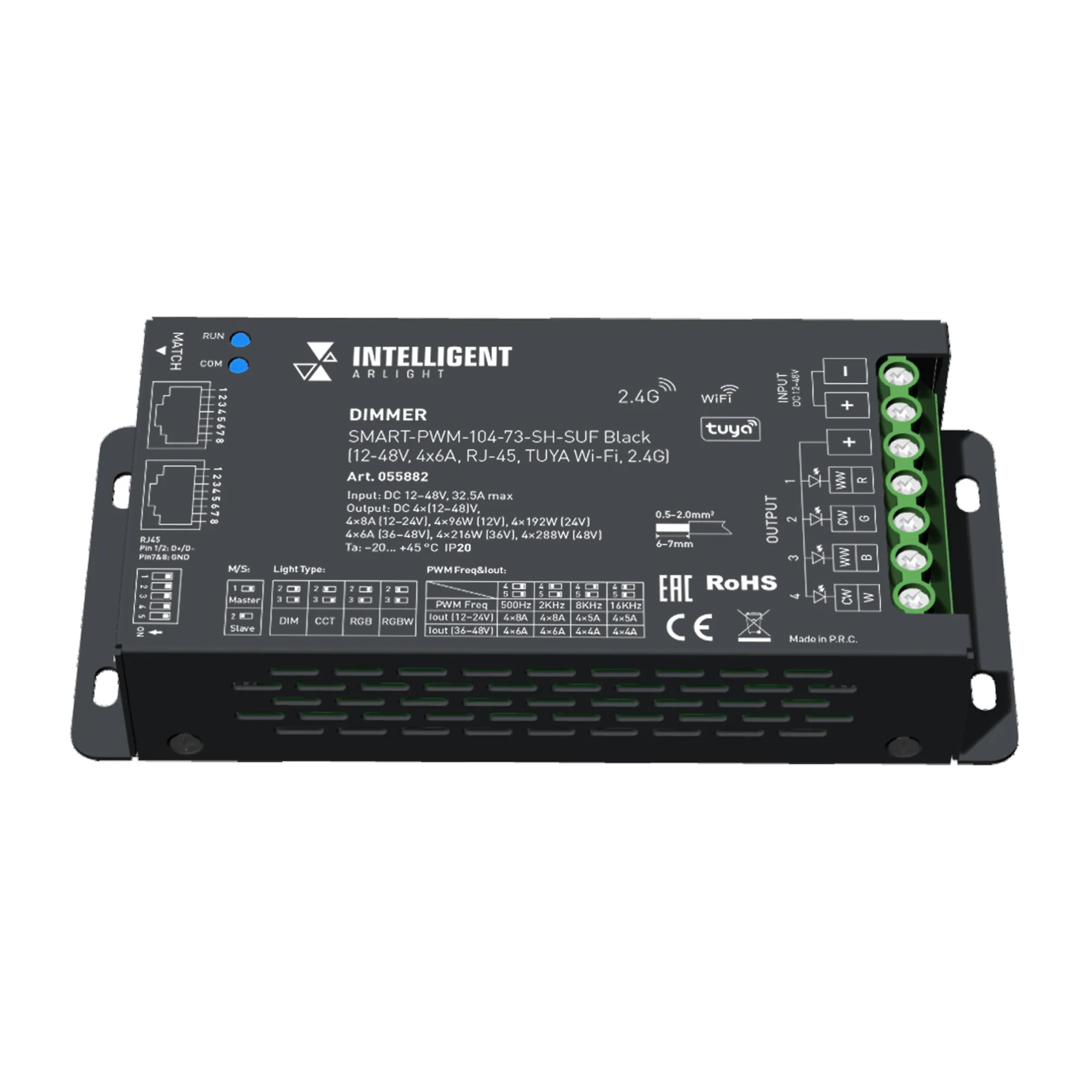 INTELLIGENT ARLIGHT Диммер SMART-PWM-104-73-SH-SUF Black (12-48V, 4x6A, RJ-45, TUYA Wi-Fi, 2.4G) (IARL, IP20 Металл, 5 лет)